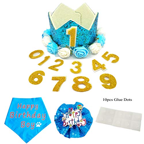 PET SHOW Blue Crown Dog Birthday Party Hat with Bandana and Collar Bows Charms Costume Set Reusable Birthday Party Headband Pupp