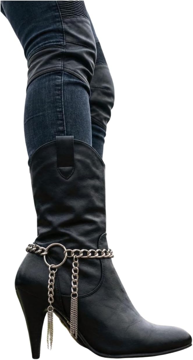 Women 2PCS Western Fashion Jewelry Boot Bracelet Metal Chain Silver Big Ring Bling Shoe Charm SET BC133