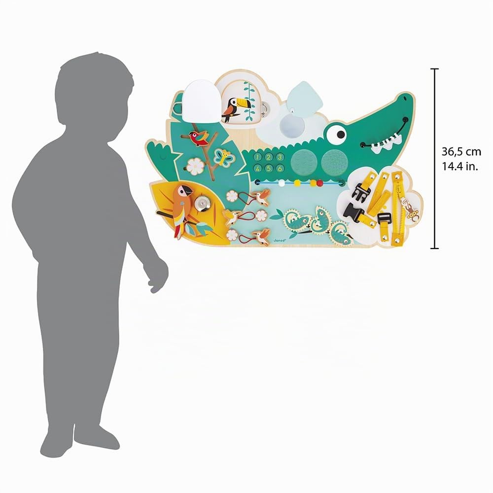 Janod - Busy Board Croco - Activity Board - Thema Dschungeltiere - 14 Aktivitäten - Kinderspielzeug für Jungen und Mädchen - Fördert die Feinmotorik - FSCTM Holzspielzeug - Ab 18 Monate - J08280