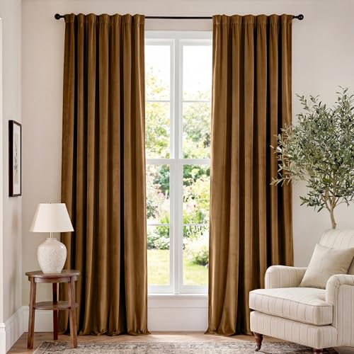 Image of Blackout Golden Brown Velvet Curtains Rod Pocket 62x90 Inch 2 Panels | Soft Velvet, For Bedroom & Living Space, Light Shifting Texture, Elegant Luxury Drape, Rich