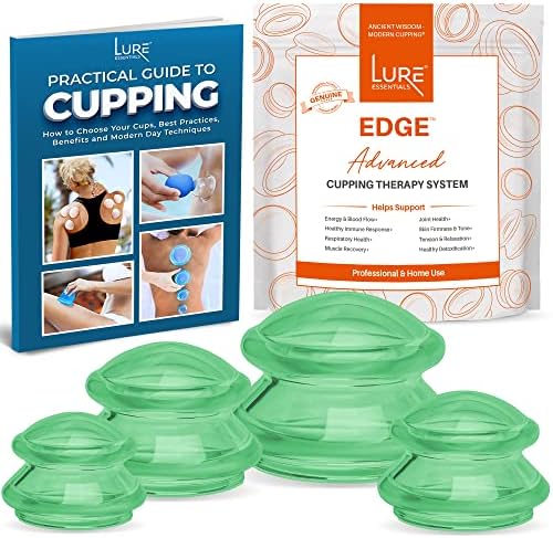 LURE Essentials Edge Cupping Set Silicone Cupping Therapy Set for Lymphatic Massage, Cellulite Reduction, Cups for Cupping (Set of 4, Green; e-Book)