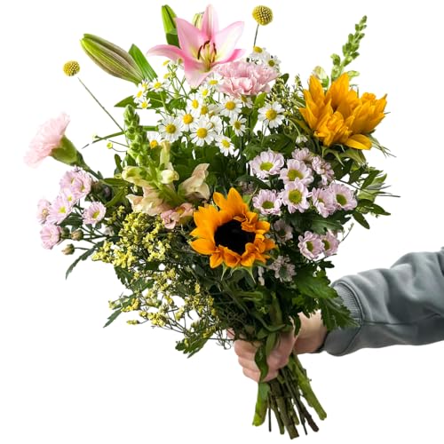Blumenstrauß „Sommerherz“ – Fröhliche Sommerblumen: Kamille, Sonnenblumen, Lilien, Nelken | 7 Tage frisch | Liebevolles Geschenk | Schneller Versand