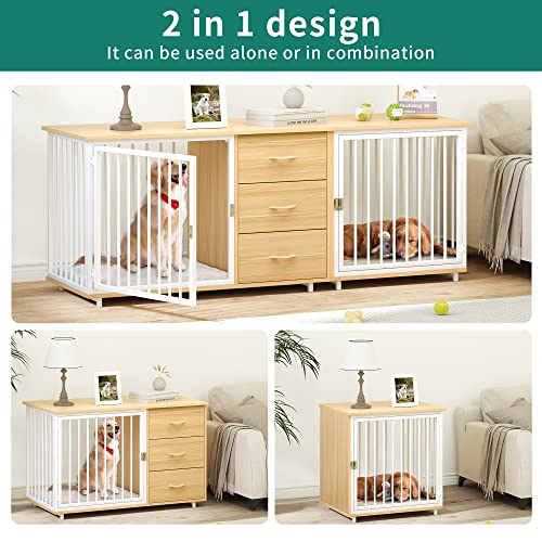 YITAHOME-74-Double-Dog-Crate-Furniture-with-2-Feeder-Bowls-Wooden-Dog-Kennel-TV-Stand-with-Room-Divider-for-2-Large-Medium-Small-Dogs-Walnut-White YITAHOME 74 Double Dog Crate Furniture with 2 Feeder Bowls Wooden Dog Kennel TV Stand with Room Divider for 2 Large Medium Small Dogs Walnut White