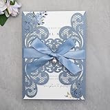 FEIYI 20Pcs 5.12x7.09'' Laser Cut Wedding Invitation Cards With Envelopes Rhinestone Pearls and Ribbons for Quinceanera Invitation Bridal Shower Baby Shower Party Invite (Dusty Blue)