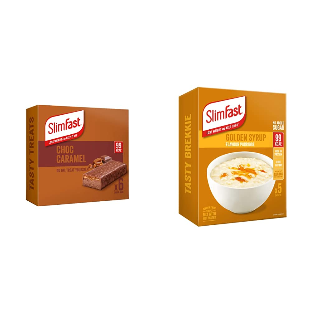 Snack Bar, Low Calorie Snack, Choc Caramel Flavour, 30 x 26 g Multipack & Golden Syrup Flavour Porridge, No Added Sugar, High in Protein, 20 x 29g Multipack