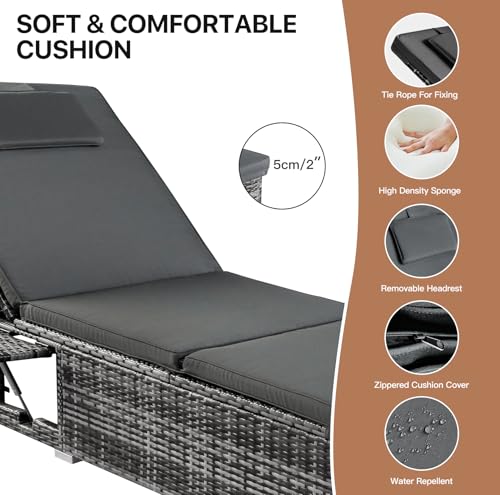 Panana Rattan Sun Lounger, Outdoor Chaise Lounge Recliner with Cushions, Head Pillows and Folding Table, PE Wicker Patio Reclining Sunbathing Chair with Adjustable Backrest Footrest for Patio Poolside - Image 6