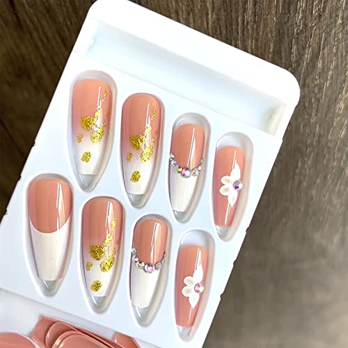 Press On Nails 24 Pcs Long Coffin Fake Nails Glue On Nails For Women Girls Teens With Glue Sticker And Nails File, White Edged Gold Foil Petals False Nails #TOP3