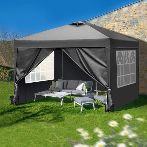 Bonnlo Carpa Plegable de 3x3m, con 4 Bolsas de Arena, UPF 50+, Gazebo y Cenador de Jardín Impermeables, para usos Exteriores, Camping, Fiestas, Playa y Patios, Gris Oscuro