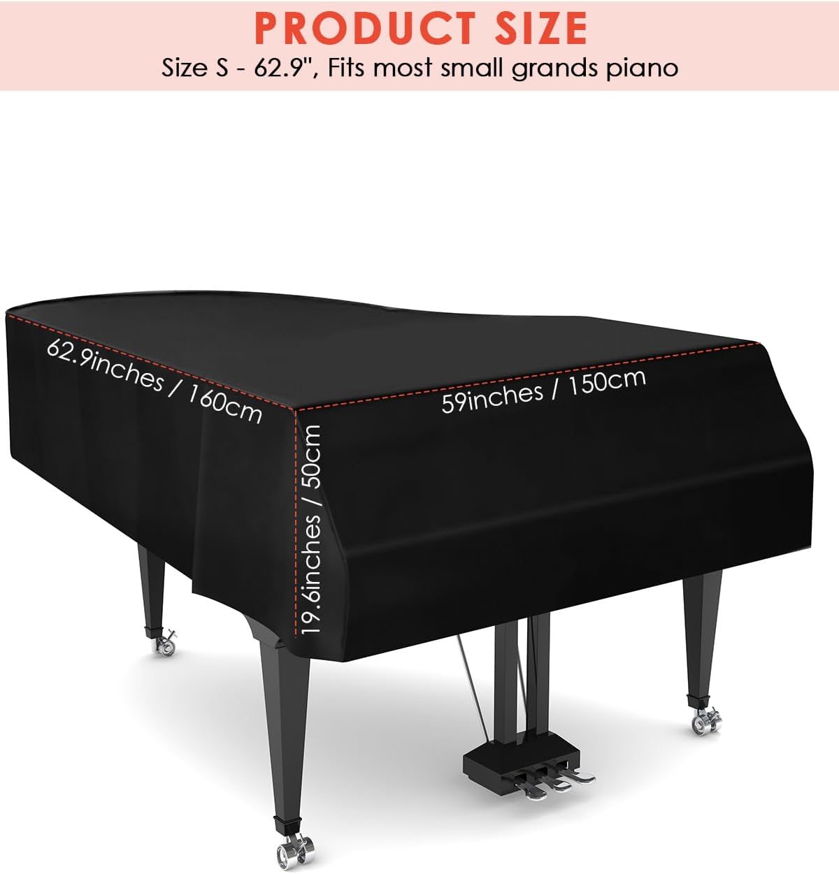 TINDTOP Grand Piano Cover, Leather Waterproof Dustproof Baby Piano Cover Washable Soft Bordered Decorated Full Triangle Piano Protective Cover