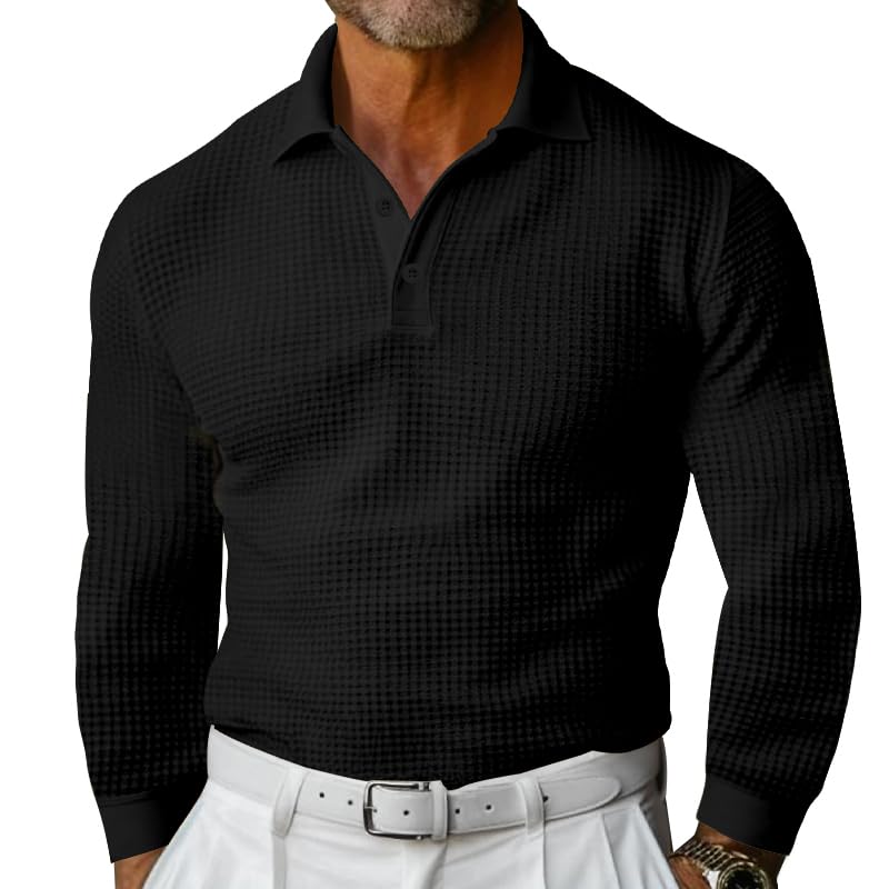 Men's Waffle Knit Long Sleeve Polo Shirt Spread Collar Button Up Polo Shirts for Men