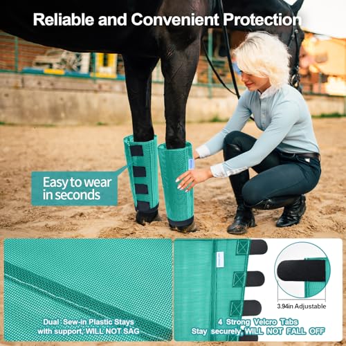 Image of Mesh Horse Fly Boots Set of 4, Loose Fitting Leggings for Horses, Reduce Stressful Stomping, Breathable Adjustable and Universal Fit for 4 Legs, Reliable Stay Put (Mint)