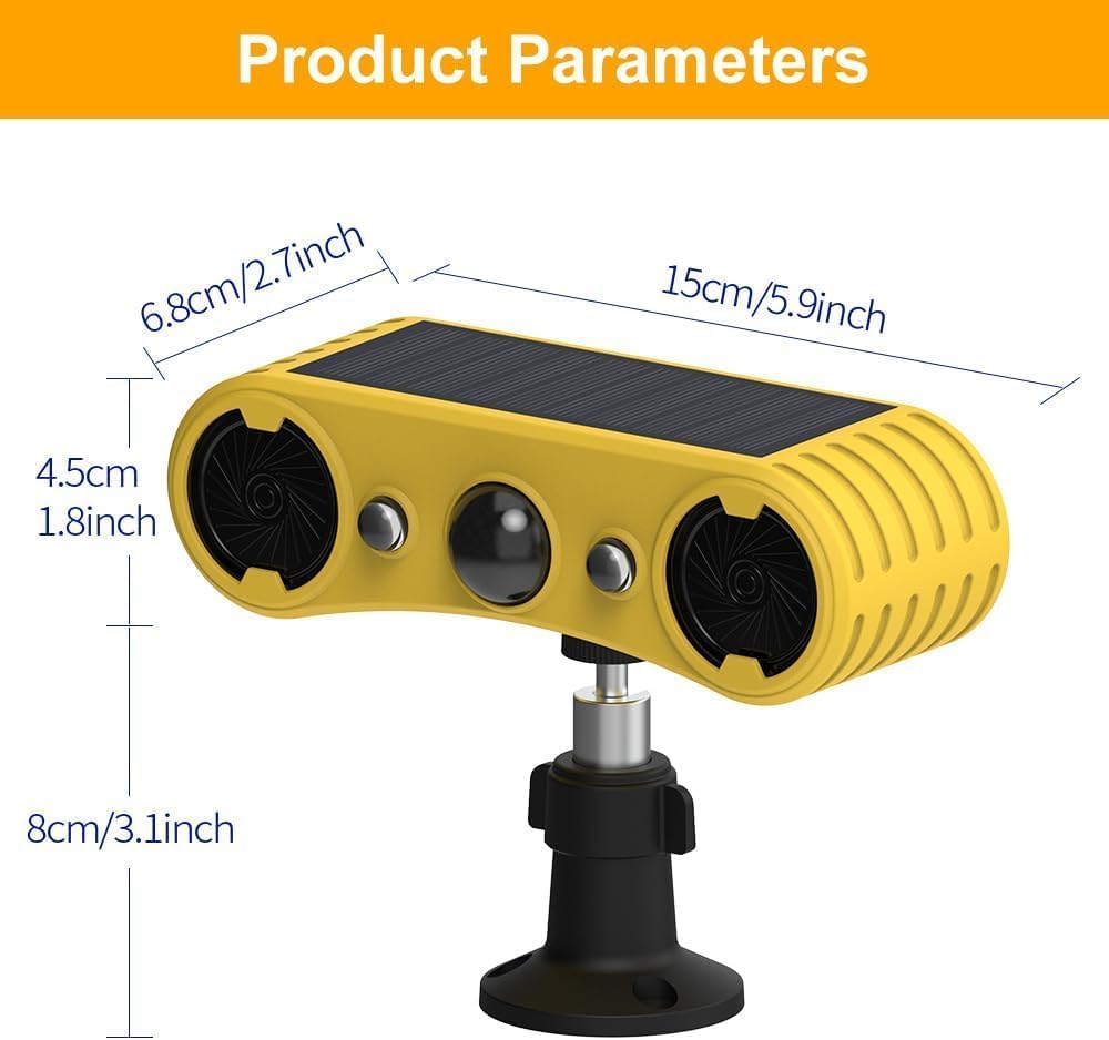 Alarma solar con sensor de movimiento – 13 sonidos, alarma de doble altavoz de 129 dB + LED rojo y azul parpadeante advertencia para patio, granja, jardín, huerto, granero (paquete de 2)