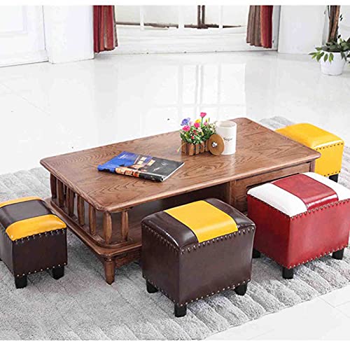 Banqueta de couro quadrado, apoio para os pés em couro PU com assento acolchoado e pernas de madeira