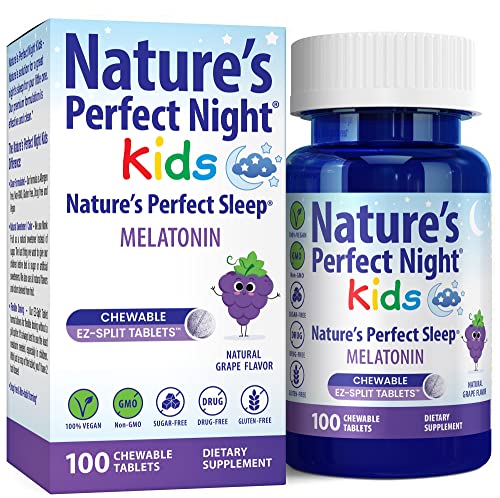 Natures Perfect Night Kids | Kids Melatonin 1mg | 100 Chewable Tablets | Natural Grape Flavor | Sugar Free | Vegan | Gluten Free | Drug Free | Value Size