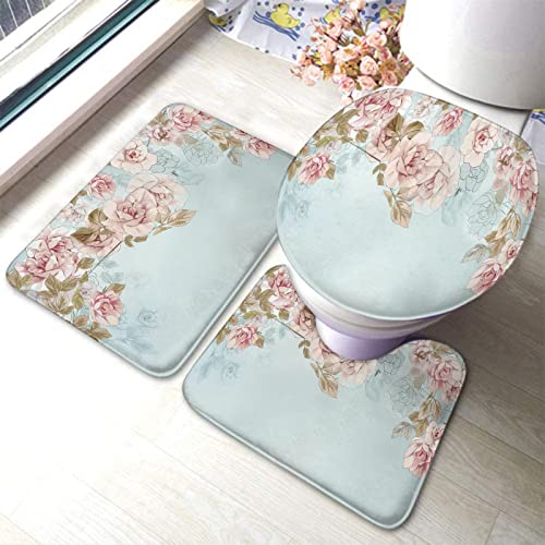 Badezimmerteppich-Set, 3-teilig, Blumen-Schmetterlings-Himmelsblumen, waschbare Badeteppiche, rutschfest, mit Rückenpolster, Konturteppich und Toilettendeckelbezug