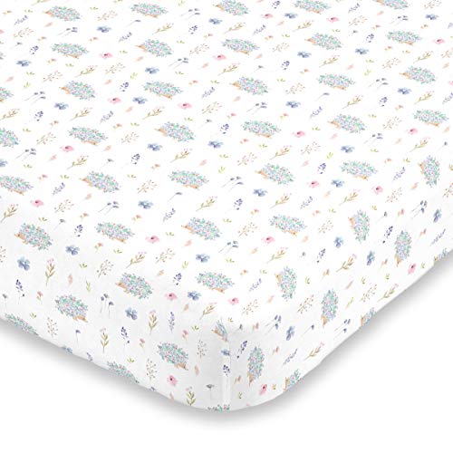 Image of NoJo Super Soft Blue, Pink & Green Flower & Hedgehog Nursery Crib Fitted Sheet, Blue, Pink, Green, White