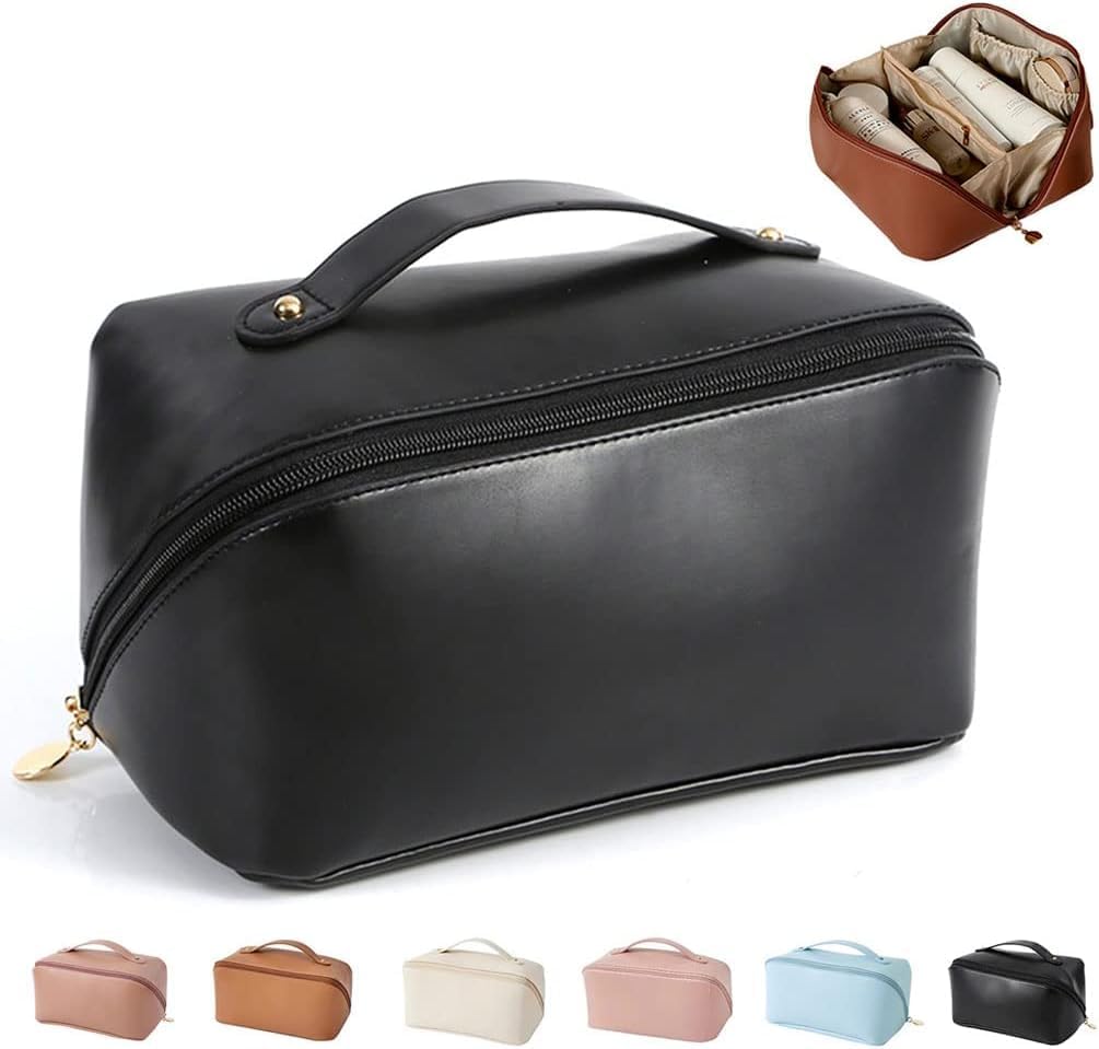 JRM Large Capacity Travel Cosmetic Makeup Bag, Waterproof Makeup Pouch with Handle and Divider, Portable Open Flat Toiletry Organizer Bag for Women (Black)