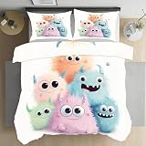 Kioldoq Niedlich Monster Deckenbezug 135x200cm, Karikatur Kawaii Bettwäsche 3 Teilig, Modern Kind Bettwäsche Mit Reißverschluss, Bedding Microfaser, Wendebettwäsche, 2 Kissenbezug 80x80