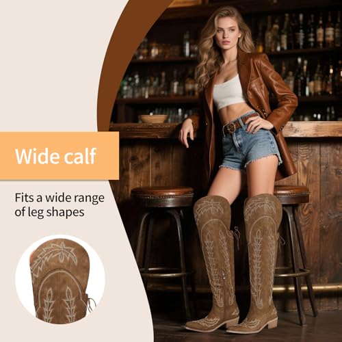 Thigh High Cowboy Boots With Lace Up Wide Calf Over The Knee Cowgirl Boot For Women Embroidered Western Tall Boots With Side Zipper and Chunky Heel2