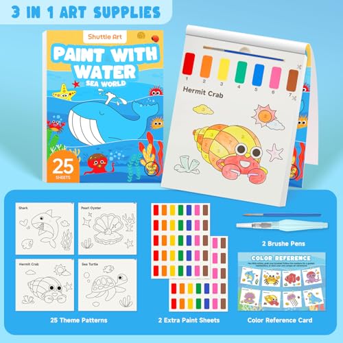 Image of Shuttle Art Paint with Water Coloring Book for Kids, 25 Sea World Themed Pages with 2 Brushes, Mess-Free Watercolor Paint Set, Travel-Friendly Art Craft Gift for Toddlers, Birthday Christmas Gift