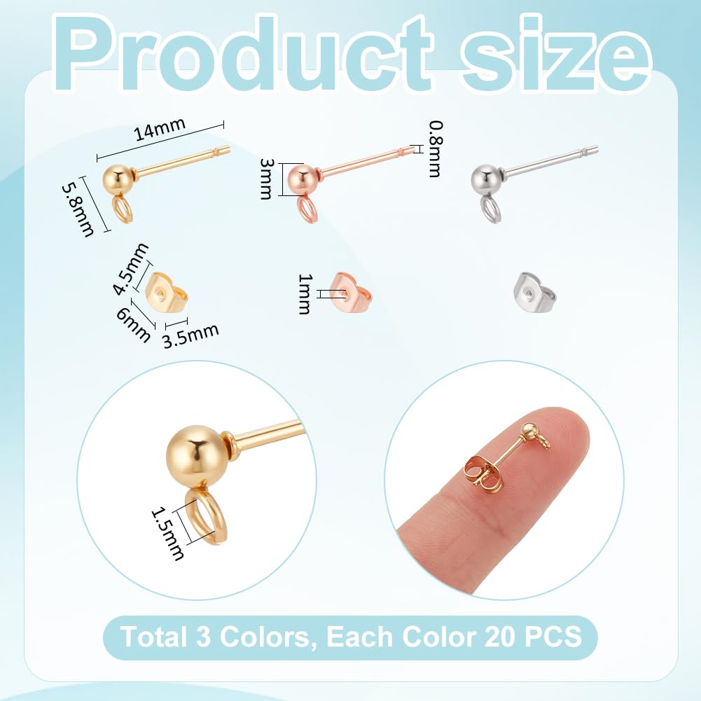 UNICRAFTALE 60 pz 3 Colori 3mm Sfera Orecchini in Acciaio Inox Orecchino Post Ear Stud con Orecchino Schienale per La Creazione di Gioielli Fai da Te, Pin 0.8 millimetro
