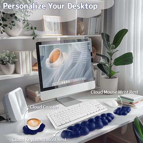Image of Sushret Cloud Wrist Rest Keyboard, Cloud Keyboard Wrist Pad Set with PU Leather Memory Foam, Cute Arm Rest for Palm Support, PC /Gaming Desk Accessories /Office Setup /Computer Hand Cushion - Dark Blue