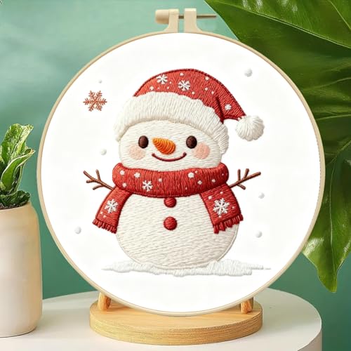 Image of Zhenqing Snowman Embroidery Kit for Beginners, Christmas Winter Needlework Kit with Pre-Printed Cotton Fabric, 20cm Hoop, Threads & Tools (C0146)