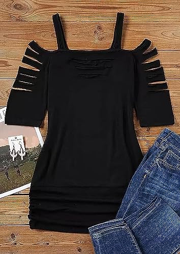 Cut Out Cold Shoulder Square Collar Shirt Women Lacerated 3/4 Sleeve Blouse Cut Out Sexy Hollow Out Casual Tee Tops2