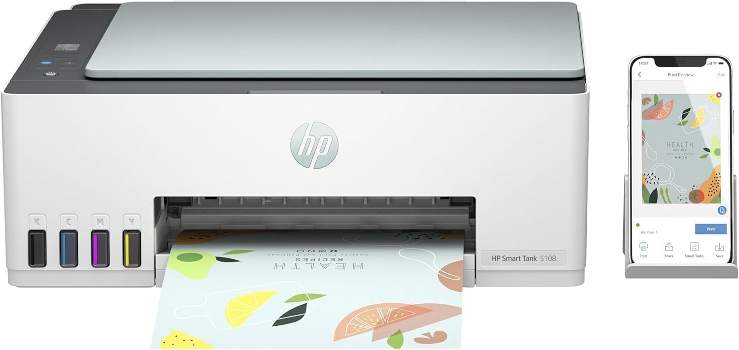 HP Impresora Multifunción Tinta Smart Tank 5108 Wi-Fi, con depósito Recargable, Incluye Tinta para Imprimir hasta 3 años