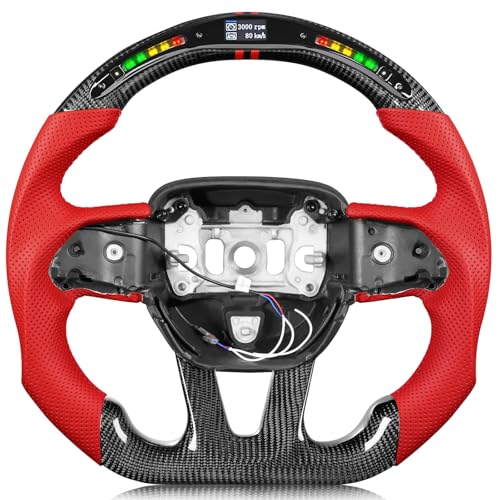 Tesfeel LED Carbon Fiber Steering Wheel for Dodge Challenger 2015–2024, 3K Glossy Finish, D-Shape Flat-Bottom, Red Grip with Red Stitching & Dual Center Stripes