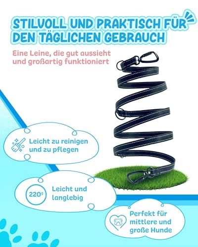 KURI PAI® Hundeleine für große Hunde aus Nylon mit Sicherheitskarabinern | Reflektierend und Wasserabweisend | Verstellbare Längen 1,50m - 2,60m, Ideal für Große und Mittelgroße Hunde (Schwarz)