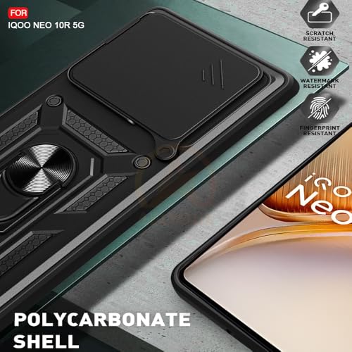 Image of Armor Bumper Back Cover Case for iQOO Neo 10R 5G Rotating Camera Cover, Ring Holder & Kickstand | Heavy Duty & 360 Degree Protection iQOO Neo 10R 5G Back Cover (Black)