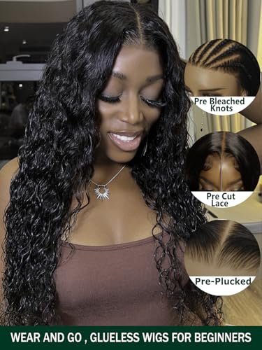 Image of KLAIYI Bye Bye Knots Glueless Wig Pre Cut Water Wave HD Lace Front Wigs Human Hair Pre Bleached Pre Plucked Ready to Go Wigs for Women 30S Easy to Wear Put On and Go Curly Wig Beginner Friendly 20Inch