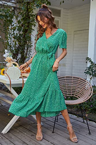 PRETTYGARDEN Women's Summer Floral Boho Maxi Dress Wrap Short Sleeve V Neck Ruffle A-Line Flowy Wedding Guest Long Dresses