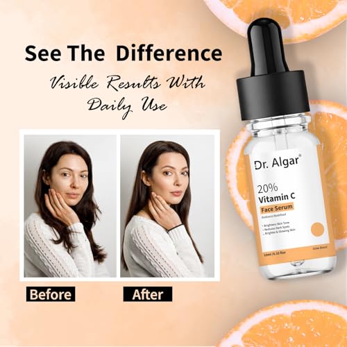 Image of Dr. Algar 20% Vitamin C Serum for Glowing Skin | Vitamin C + Ferulic Acid | Water-Based Formula | Highly Stable Serum for Women and Men | Beginner-Friendly | 10 ml