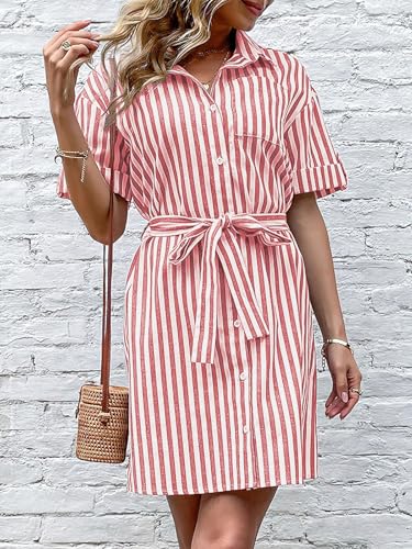 ebossy Women's Boho Striped Shirt Dress Button Up Contrast Color Swing A Line Mid Long Dress with Belt2