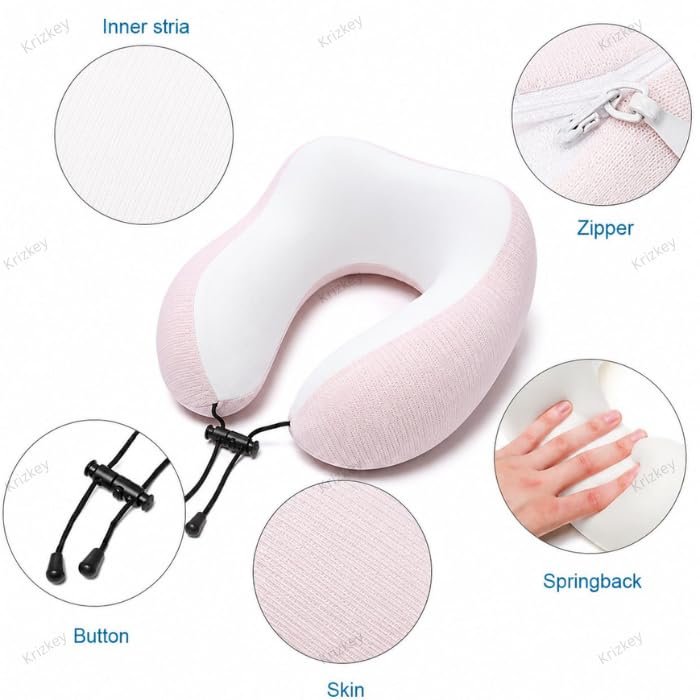 Image of Memory Foam Travel Neck Pillow with Storage Case | Soft Stretchable Fabric, Ergonomic U-Shaped Neck Support Cushion for Airplane, Car, Train & Office Travel (Pink)