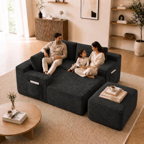 Image of Boneless Couch, Modular Sectional Couches for Living Room, U-Shaped Cloud Couch Sofa with Deep Seat, Fluffy Corduroy Upholstered Corner Sofa