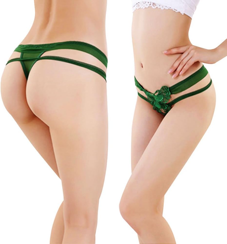 Women's Sexy Lace Mesh Briefs Lingerie G-String Thongs Exotic Strappy Underwear (Butterfly Lace Green)