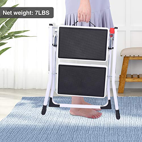 CAMPMOON Small Step Ladder for Kitchen, Sturdy Folding 2 Step Stool for Adults with Wide Anti-Slip Pedal, White