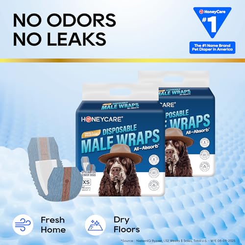 Image of Honeycare Disposable Male Wraps for Senior Dogs, XS Size, 40 Count, Blue Jeans Color Design, Super Absorbent, Breathable, Wetness Indicator, Super Deodorization, Cute Suspender Style