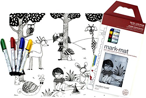 modern-twist Day at the Pond Pattern Coloring Placemat with 4 Easy to Wipe Off Dry-erase Markers, Waterproof Silicone Washable for Kids