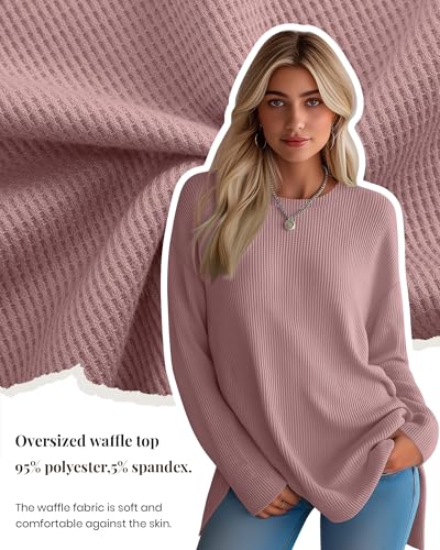 3 Pack Women's Waffle Knit Long Sleeve Tops Oversized Crewneck Loose T Shirts Fall Winter Casual Basic Blouses(Black, Dark Gray, Grayish Pink,Medium)3