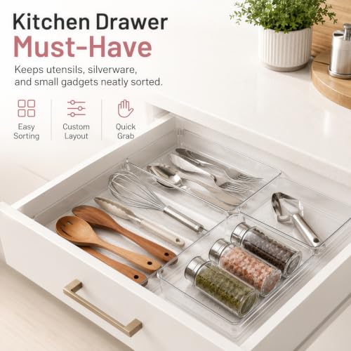 Image of 8 Pack Large Clear Plastic Drawer Organizer Bins - Acrylic Bathroom Drawer Organizer Trays - Heavy Duty Kitchen Drawer Dividers for Utensils - Non-Slip Storage Bins for Makeup, Bedroom, Office Desk