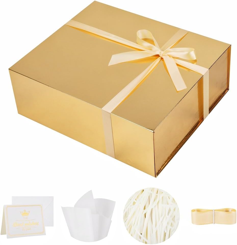 UoeRing 1 Extra Large Gold Gift Box 17x14.5x6 inch Luxury Gift Box for Presents with Magnetic Closure Lid Collapsible,Birthday,Christmas,Contains Card, Ribbon,Tissue Paper,Shredded Paper Filler 17x14.5x6 Inch-Gold-Pack of 1