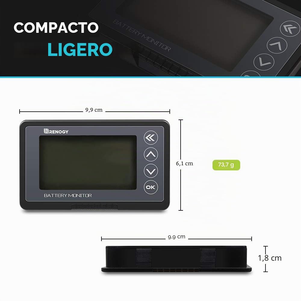 Renogy Monitor de batería 500A con Alarma, indicador de Capacidad y Voltaje, Compatible con baterías LiFePO4, de Iones de Litio y de Plomo-ácido en vehículos recreativos y Sistemas solares.