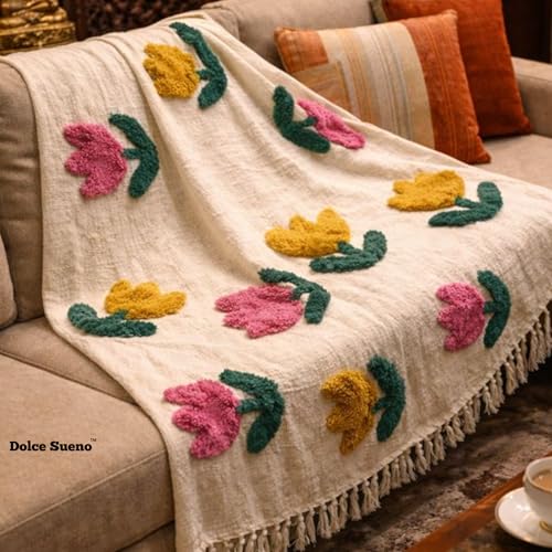 Image of Boho Cotton Woven Throw Blanket with Floral Tufted Design, All Season Decorative Blanket for Bed and Sofa, Cream with Fringe, 163x142 cm