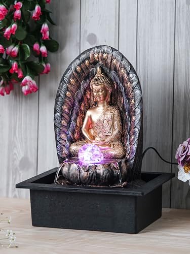 Image of Gold Brown Polyresin Table Top Meditating Buddha Indoor Waterfall Fountain for Home Decor with LED Light, Speed Control Pump & Crystal Ball (Size: 29 x 22 x 39CM | Wt: 2140Gram)