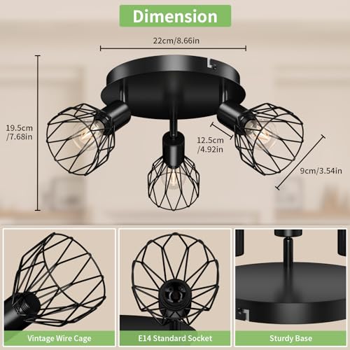 Kimjo Led Deckenstrahler 3 Flammig Rund Schwarz 350° - Strahler Deckenleuchte E14 3 Flammig Deckenlampe Spot - Lampe Wohnzimmer Deckenleuchte Küchenlampe - Deckenspot Schlafzimmer Spotleuchte Wand