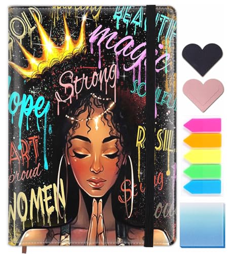 Lined Journal Notebook, 200 Pages A5 Leather Hardcover Notebooks with Bookmarks/Indexes, Classic with Pen Loop Notebook Journals for Office School，African American Women Afro Girl with Crown